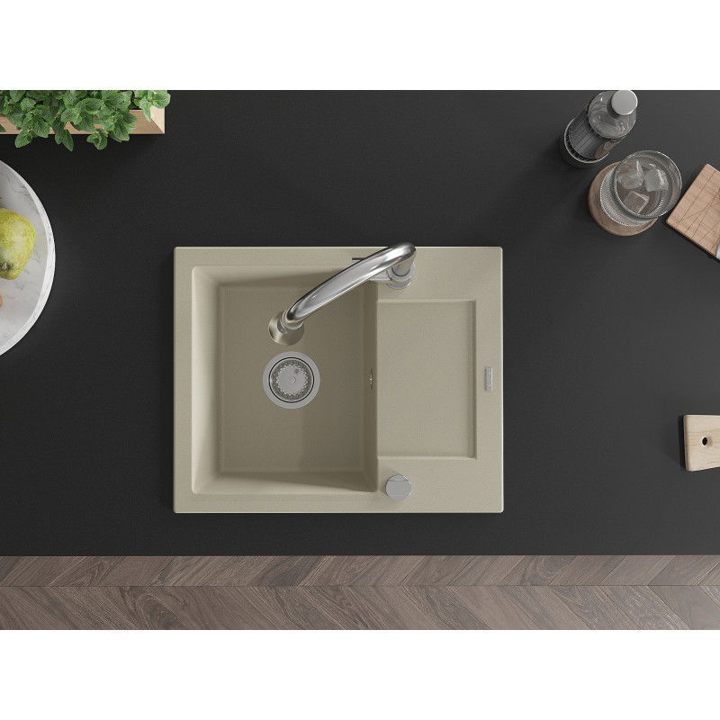 Mexen Enzo granitový dřez 1-komorový s odkapávačem a kuchyňskou baterií Elia, béžový - 6506-69-670101-00