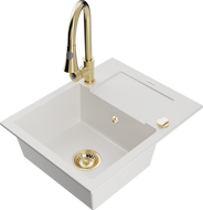 Mexen Enzo granitový dřez s 1 komorou, odkapávačem a kuchyňskou baterií Elia, bílý - 6506-20-670101-50