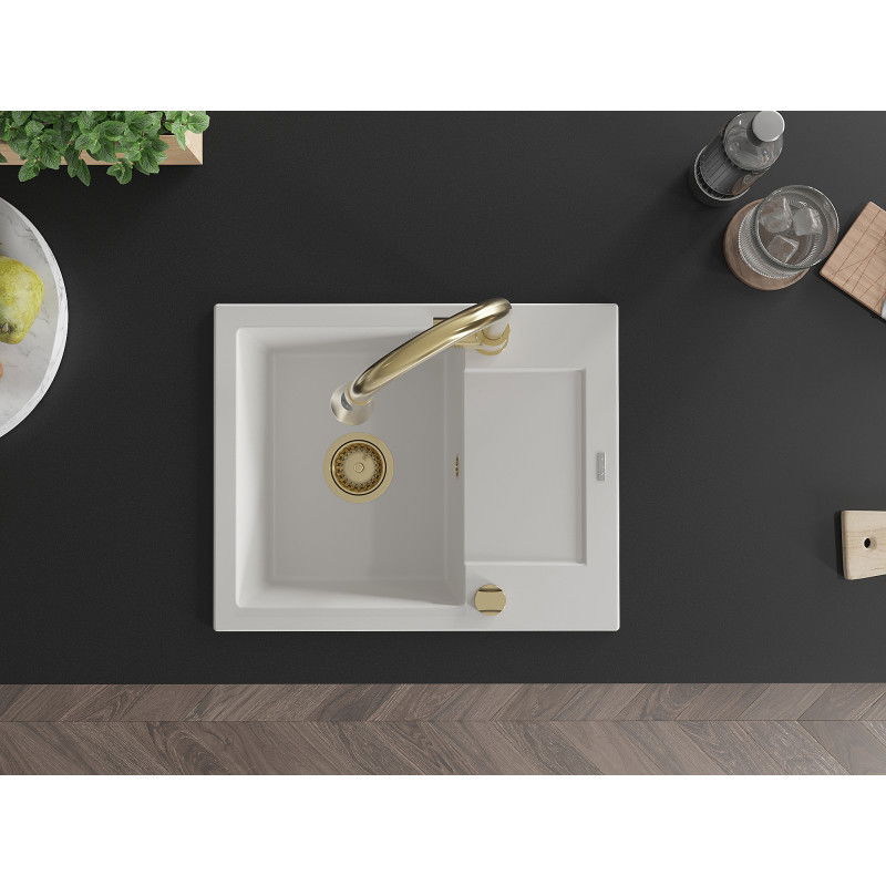 Mexen Enzo granitový dřez s 1 komorou, odkapávačem a kuchyňskou baterií Elia, bílý - 6506-20-670101-50