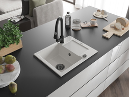 Mexen Enzo granitový dřez s 1 komorou a odkapávačem a kuchyňskou baterií Elia, bílý - 6506-20-670101-70