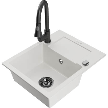 Mexen Enzo granitový dřez s 1 komorou a odkapávačem a kuchyňskou baterií Elia, bílý - 6506-20-670101-70