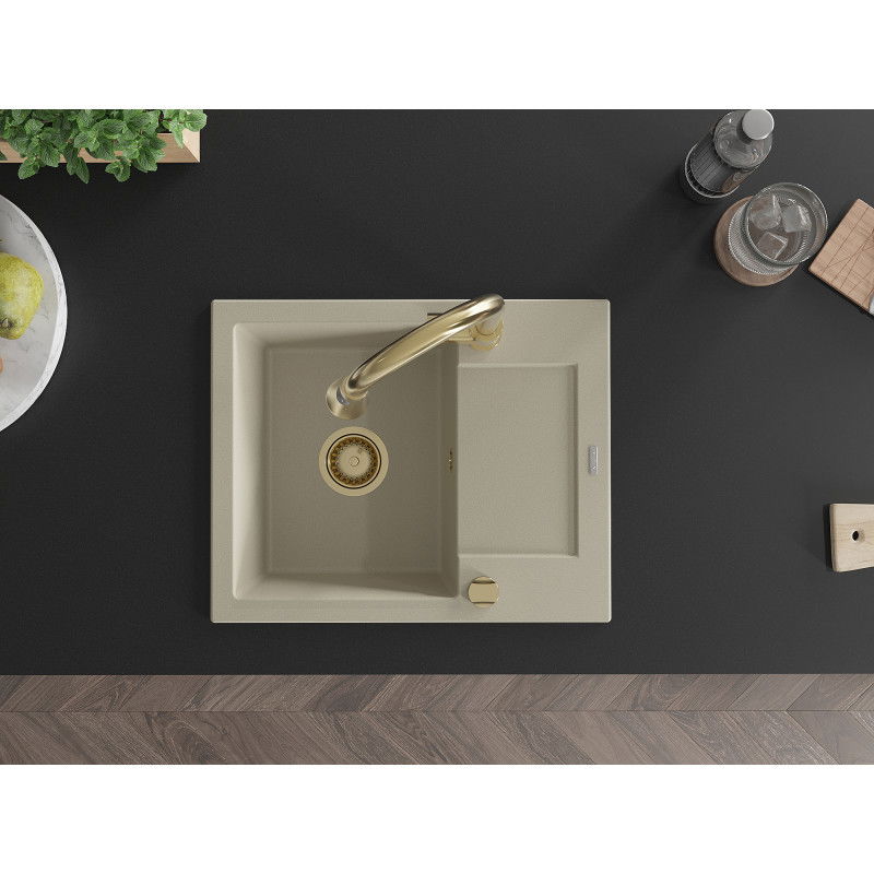 Mexen Enzo granitový dřez 1-komorový s odkapávačem a kuchyňskou baterií Elia, béžový - 6506-69-670101-50