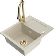 Mexen Enzo granitový dřez 1-komorový s odkapávačem a kuchyňskou baterií Elia, béžový - 6506-69-670101-50