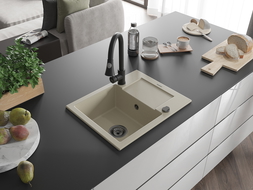 Mexen Enzo granitový dřez 1-komorový s odkapávačem a kuchyňskou baterií Elia, béžový - 6506-69-670101-70