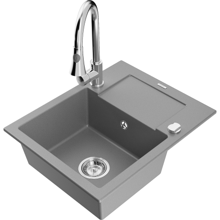Mexen Enzo granitový dřez s 1 komorou, odkapávačem a kuchyňskou baterií Elia, šedý - 6506-71-670101-00