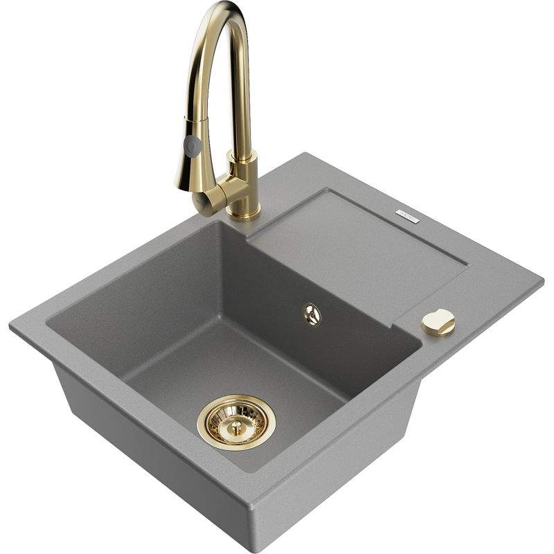 Mexen Enzo granitový dřez 1-komorový s odkapávačem a kuchyňskou baterií Elia, šedý - 6506-71-670101-50