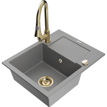 Mexen Enzo granitový dřez 1-komorový s odkapávačem a kuchyňskou baterií Elia, šedý - 6506-71-670101-50
