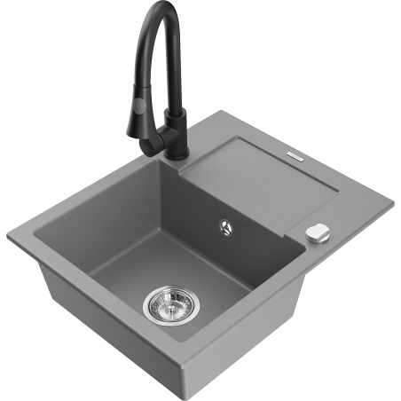 Mexen Enzo granitový dřez s 1 komorou s odkapávačem a kuchyňskou baterií Elia, šedý - 6506-71-670101-70