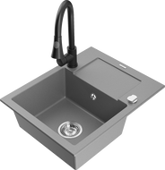 Mexen Enzo granitový dřez s 1 komorou s odkapávačem a kuchyňskou baterií Elia, šedý - 6506-71-670101-70