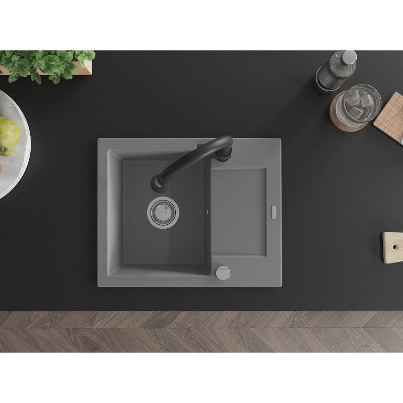 Mexen Enzo granitový dřez s 1 komorou s odkapávačem a kuchyňskou baterií Elia, šedý - 6506-71-670101-70