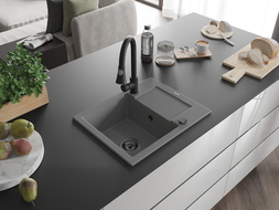 Mexen Enzo granitový dřez s jednou komorou a odkapávačem a kuchyňskou baterií Elia, šedý - 6506-71-670101-70-B