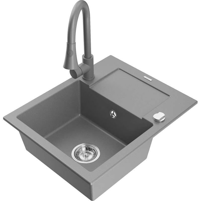 Mexen Enzo jednokomorový žulový dřez s odkapávačem a kuchyňskou baterií Elia, šedý - 6506-71-670101-71