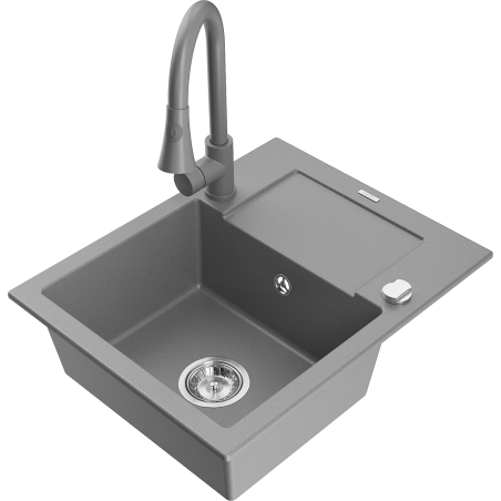 Mexen Enzo jednokomorový žulový dřez s odkapávačem a kuchyňskou baterií Elia, šedý - 6506-71-670101-71