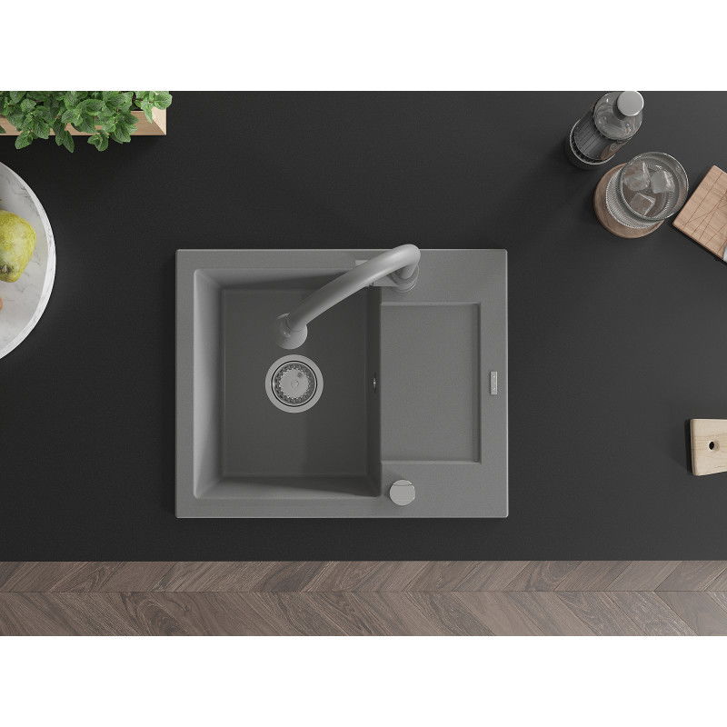 Mexen Enzo jednokomorový žulový dřez s odkapávačem a kuchyňskou baterií Elia, šedý - 6506-71-670101-71