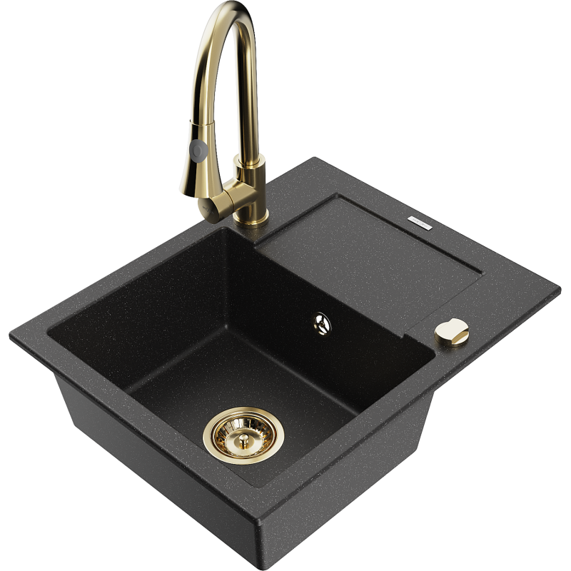 Mexen Enzo granitový dřez s 1 komorou s odkapávačem a kuchyňskou baterií Elia, černý/stříbrný metalik - 6506-73-670101-50