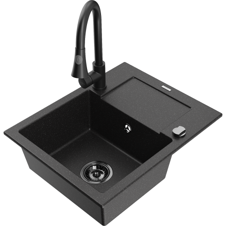 Mexen Enzo granitový dřez 1-komorový s odkapávačem a kuchyňskou baterií Elia, černý/stříbrný metalik - 6506-73-670101-70-B