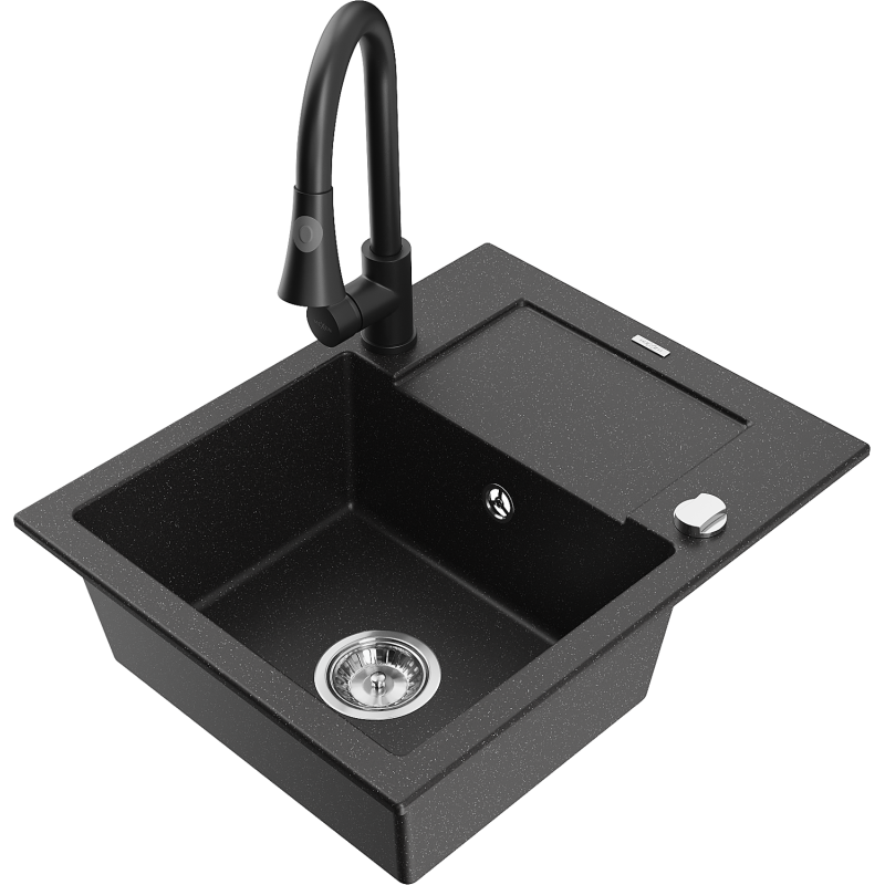 Mexen Enzo žulový dřez jednokomorový s odkapávačem a kuchyňskou baterií Elia, černý/stříbrný metalik - 6506-73-670101-70