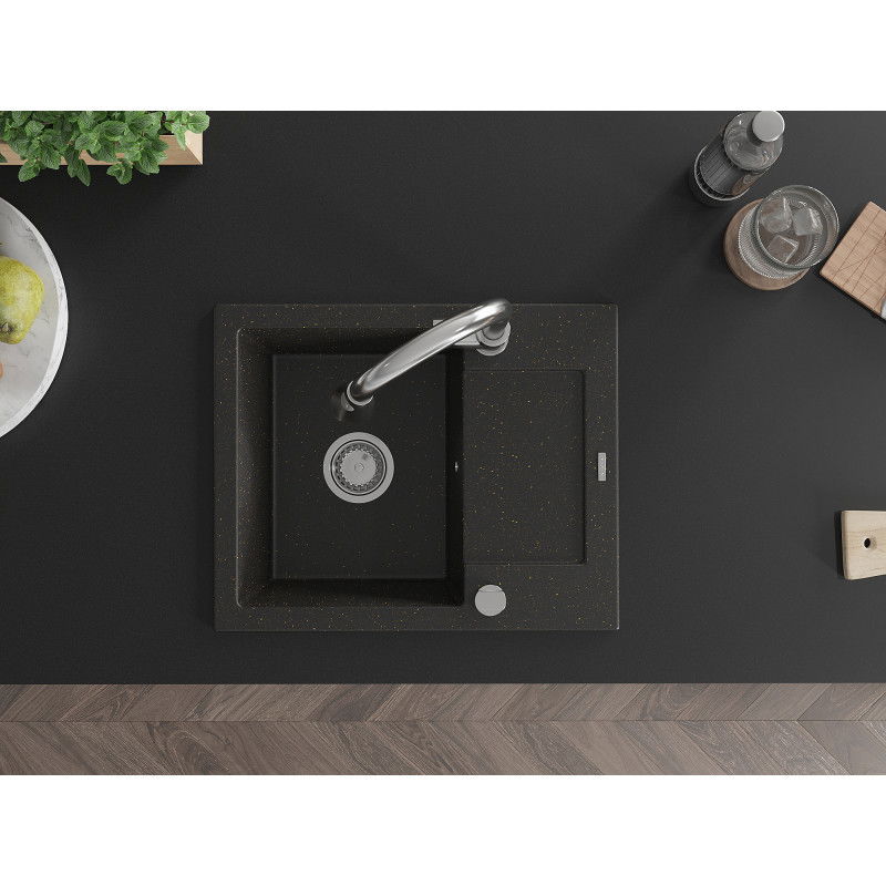 Mexen Enzo granitový dřez s 1 komorou, odkapávačem a kuchyňskou baterií Elia, černý/zlatý metalický - 6506-75-670101-00