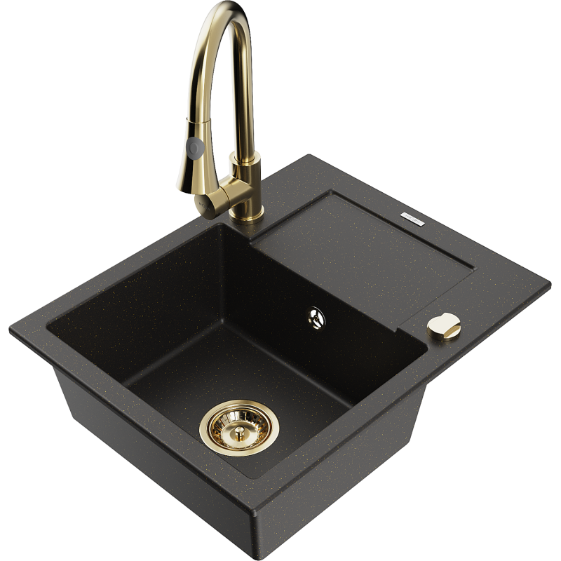 Mexen Enzo granitový dřez 1-komorový s odkapávačem a kuchyňskou baterií Elia, černý/zlatý metalik - 6506-75-670101-50