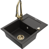 Mexen Enzo granitový dřez 1-komorový s odkapávačem a kuchyňskou baterií Elia, černý/zlatý metalik - 6506-75-670101-50