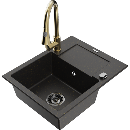 Mexen Enzo granitový dřez s 1 komorou, odkapávačem a kuchyňskou baterií Elia, černý/zlatý metalík - 6506-75-670101-50-B