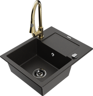 Mexen Enzo granitový dřez s 1 komorou, odkapávačem a kuchyňskou baterií Elia, černý/zlatý metalík - 6506-75-670101-50-B