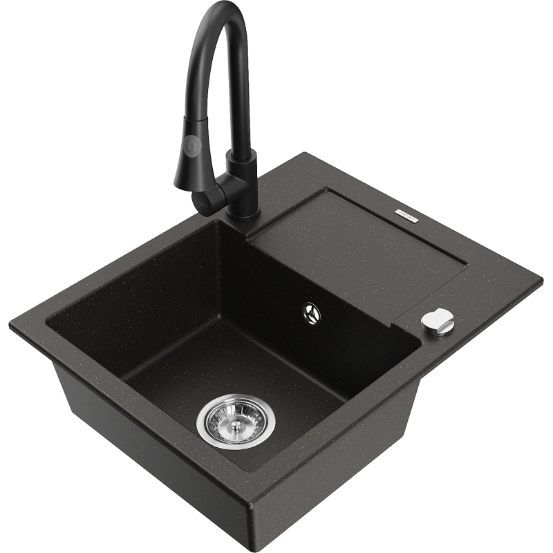 Mexen Enzo granitový dřez 1-komorový s odkapávačem a kuchyňskou baterií Elia, černý/zlatý metalík - 6506-75-670101-70