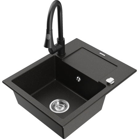 Mexen Enzo granitový dřez 1-komorový s odkapávačem a kuchyňskou baterií Elia, černý/zlatý metalík - 6506-75-670101-70