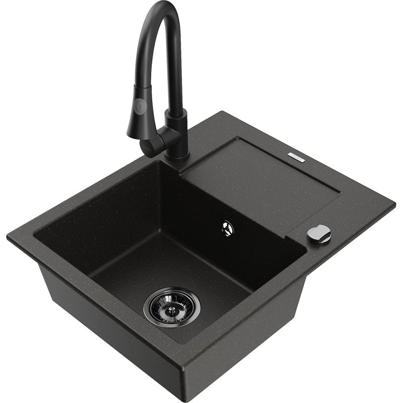 Mexen Enzo granitový dřez s jednou komorou a odkapávačem a kuchyňskou baterií Elia, černý/zlatý metalický - 6506-75-670101-70-B