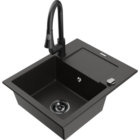 Mexen Enzo granitový dřez s jednou komorou a odkapávačem a kuchyňskou baterií Elia, černý/zlatý metalický - 6506-75-670101-70-B