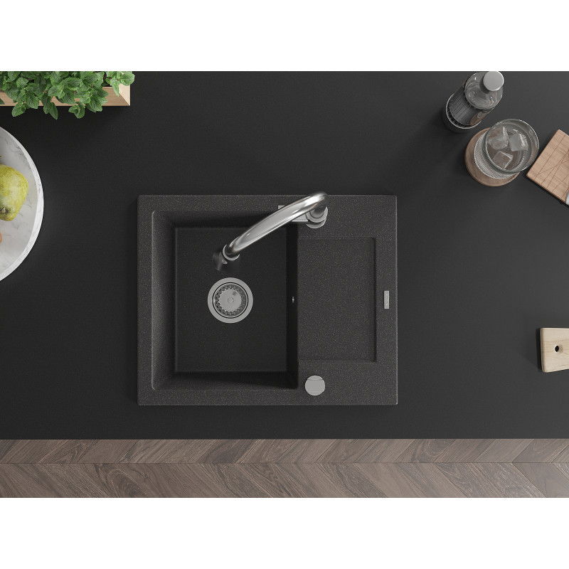 Mexen Enzo jednokomorový žulový dřez s odkapávačem a kuchyňskou baterií Elia, černý s tečkami - 6506-76-670101-00