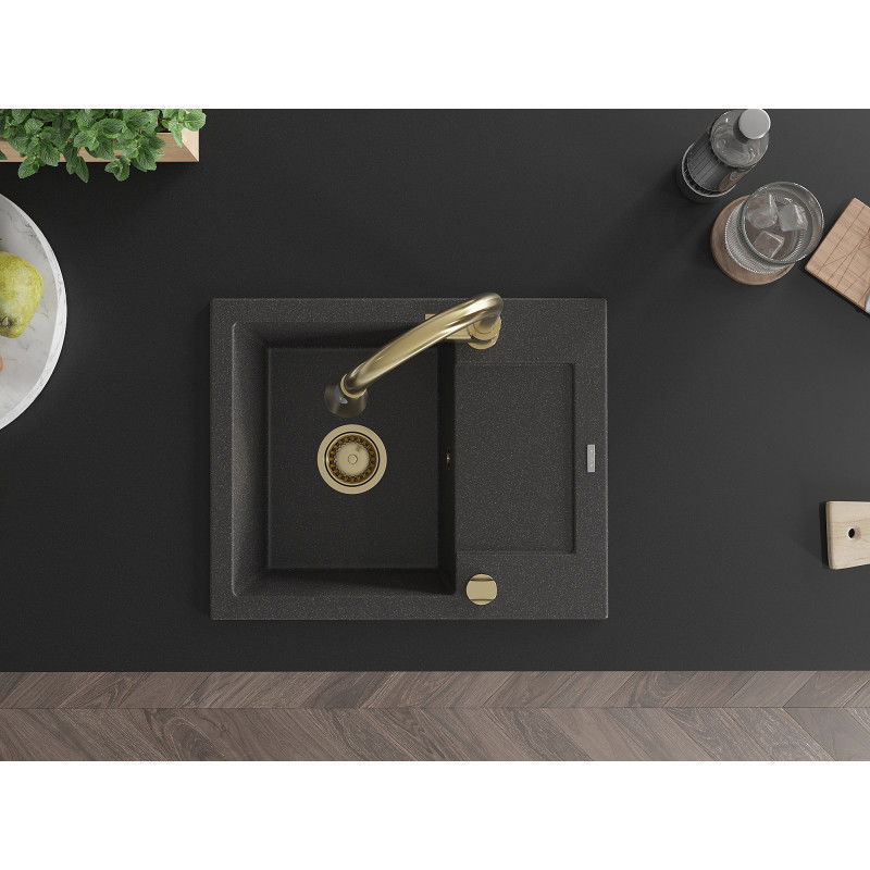 Mexen Enzo granitový dřez s 1 komorou a odkapávačem, kuchyňská baterie Elia, černý skvrnitý - 6506-76-670101-50