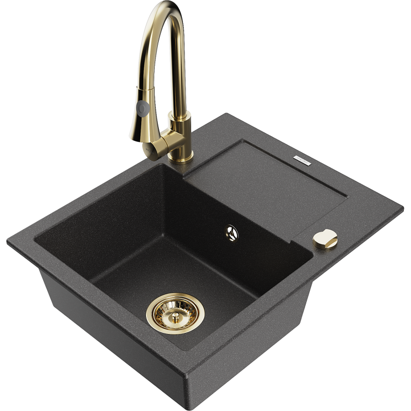 Mexen Enzo granitový dřez s 1 komorou a odkapávačem, kuchyňská baterie Elia, černý skvrnitý - 6506-76-670101-50