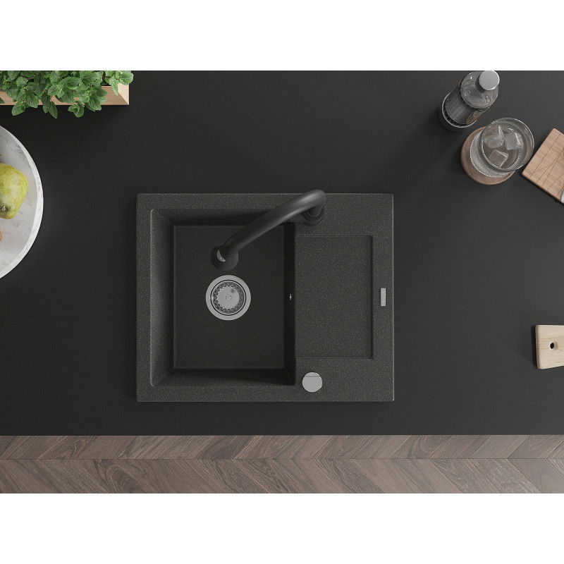 Mexen Enzo granitový dřez 1-komorový s odkapávačem a kuchyňskou baterií Elia, černý skvrnitý - 6506-76-670101-70