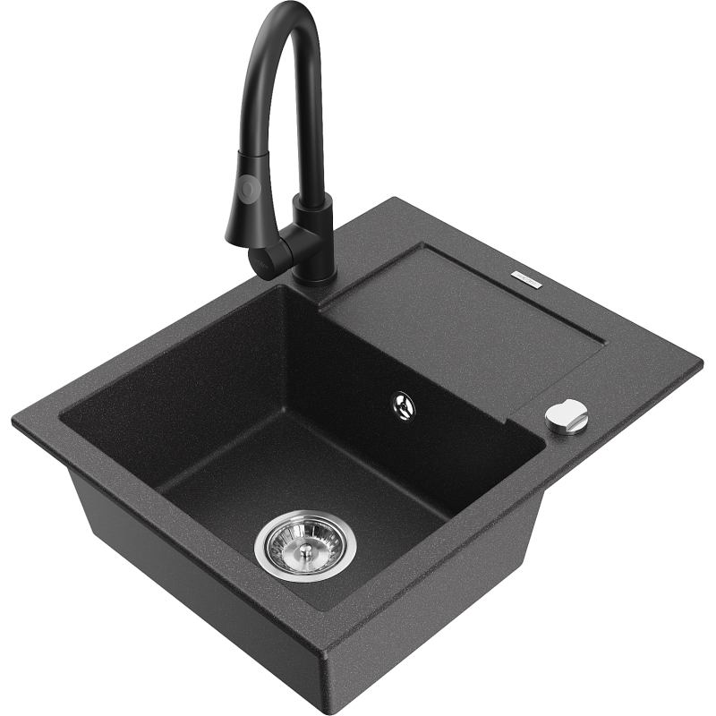 Mexen Enzo granitový dřez 1-komorový s odkapávačem a kuchyňskou baterií Elia, černý skvrnitý - 6506-76-670101-70