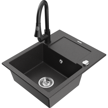 Mexen Enzo granitový dřez 1-komorový s odkapávačem a kuchyňskou baterií Elia, černý skvrnitý - 6506-76-670101-70