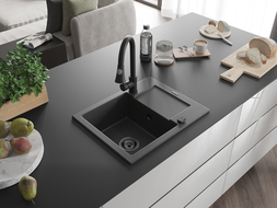 Mexen Enzo granitový dřez s 1 komorou s odkapávačem a kuchyňskou baterií Elia, černý skvrnitý - 6506-76-670101-70-B