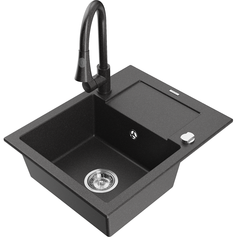 Mexen Enzo granitový dřez jednokomorový s odkapávačem a kuchyňskou baterií Elia, černý skvrnitý - 6506-76-670101-76