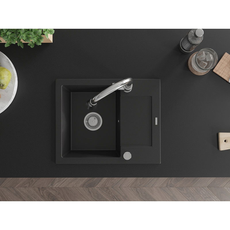 Mexen Enzo granitový dřez 1-komorový s odkapávačem a kuchyňskou baterií Elia, černý - 6506-77-670101-00
