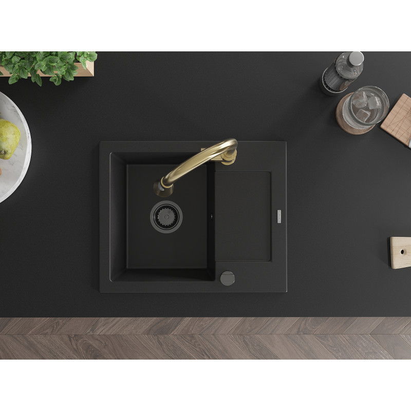Mexen Enzo granitový kuchyňský dřez 1-komorový s odkapávačem a kuchyňskou baterií Elia, černý - 6506-77-670101-50-B