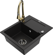 Mexen Enzo granitový kuchyňský dřez 1-komorový s odkapávačem a kuchyňskou baterií Elia, černý - 6506-77-670101-50-B