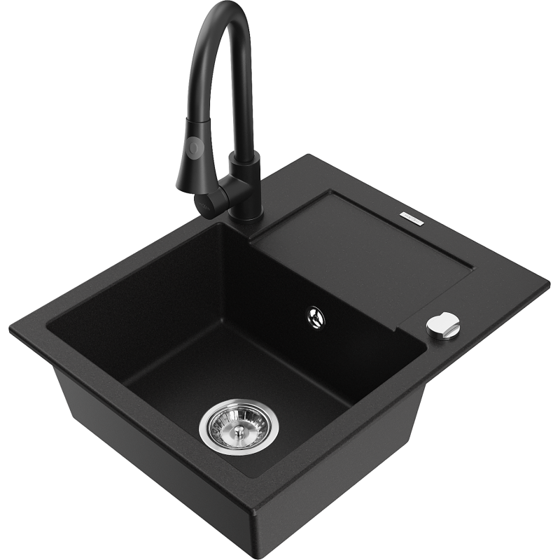 Mexen Enzo granitový dřez 1-komorový s odkapávačem a kuchyňskou baterií Elia, černý - 6506-77-670101-70