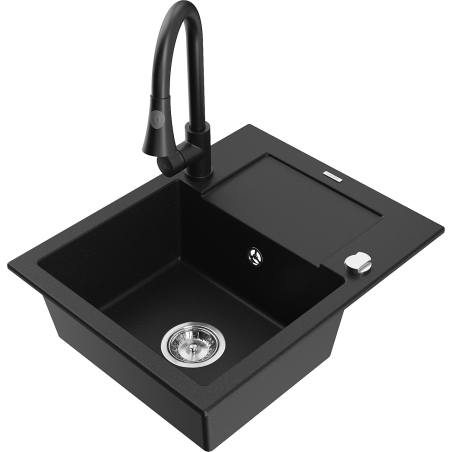 Mexen Enzo granitový dřez 1-komorový s odkapávačem a kuchyňskou baterií Elia, černý - 6506-77-670101-70