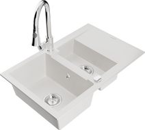 Mexen Gaspar granitový dřez 1,5 komorový s odkapávačem a kuchyňskou baterií Elia, bílý - 6507-20-670101-00