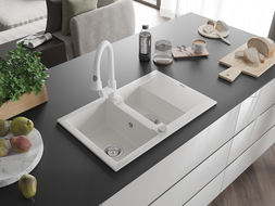 Mexen Gaspar granitový dřez 1,5-komorový s odkapávačem a kuchyňskou baterií Elia, bílý - 6507-20-670101-20