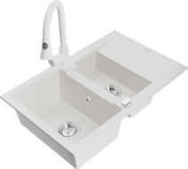 Mexen Gaspar granitový dřez 1,5-komorový s odkapávačem a kuchyňskou baterií Elia, bílý - 6507-20-670101-20