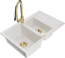 Mexen Gaspar granitový dřez 1,5-komorový s odkapávačem a kuchyňskou baterií Elia, bílý - 6507-20-670101-50