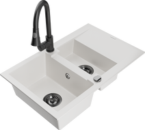 Mexen Gaspar granitový dřez 1,5-komorový s odkapávačem a kuchyňskou baterií Elia, bílý - 6507-20-670101-70