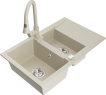 Mexen Gaspar žulový dřez 1,5-komorový s odkapávačem a kuchyňskou baterií Elia, béžový - 6507-69-670101-69