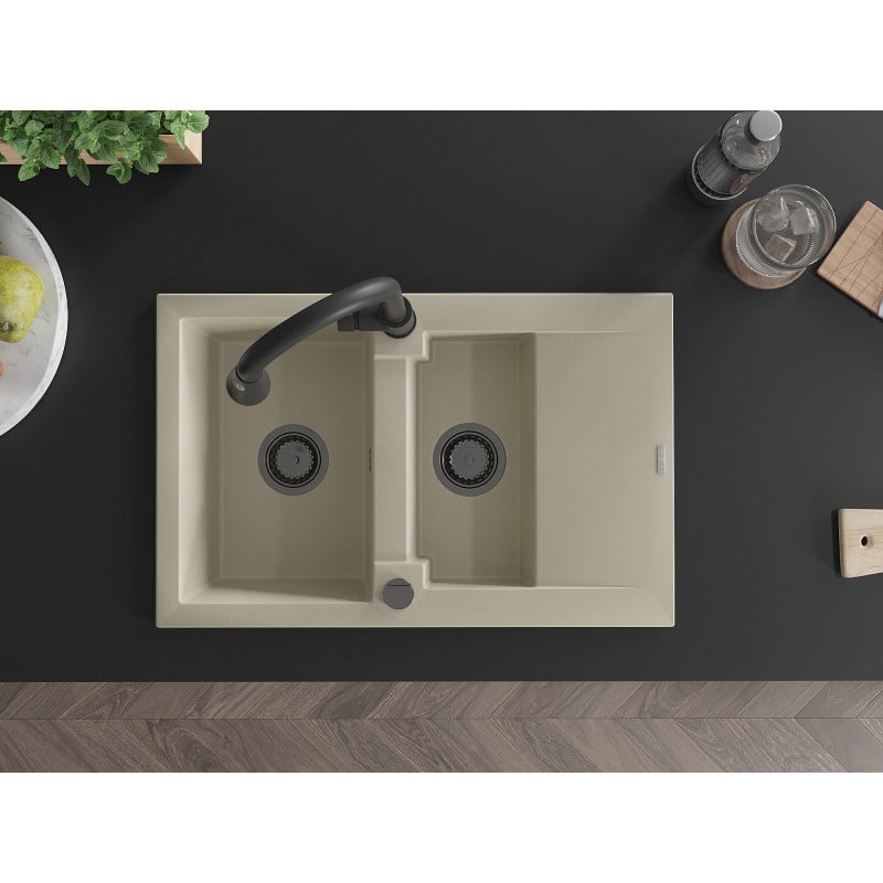 Mexen Gaspar granitový dřez 1,5-komorový s odkapávačem a kuchyňskou baterií Elia, béžový - 6507-69-670101-70
